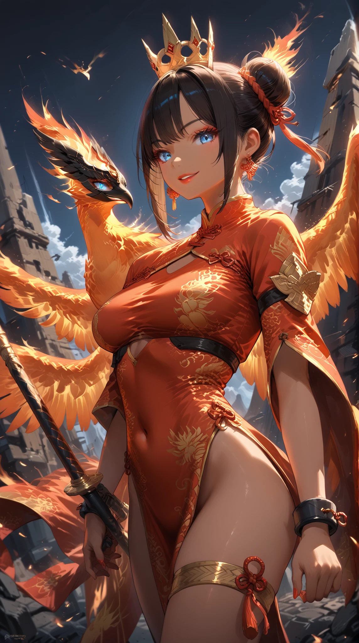 1girl, aged, light smile, MuiMuiMS, solo, medium breasts, blurry, blurry background, china, palace, dragon print, chun-li (cosplay), panties, red clothes, lipstick