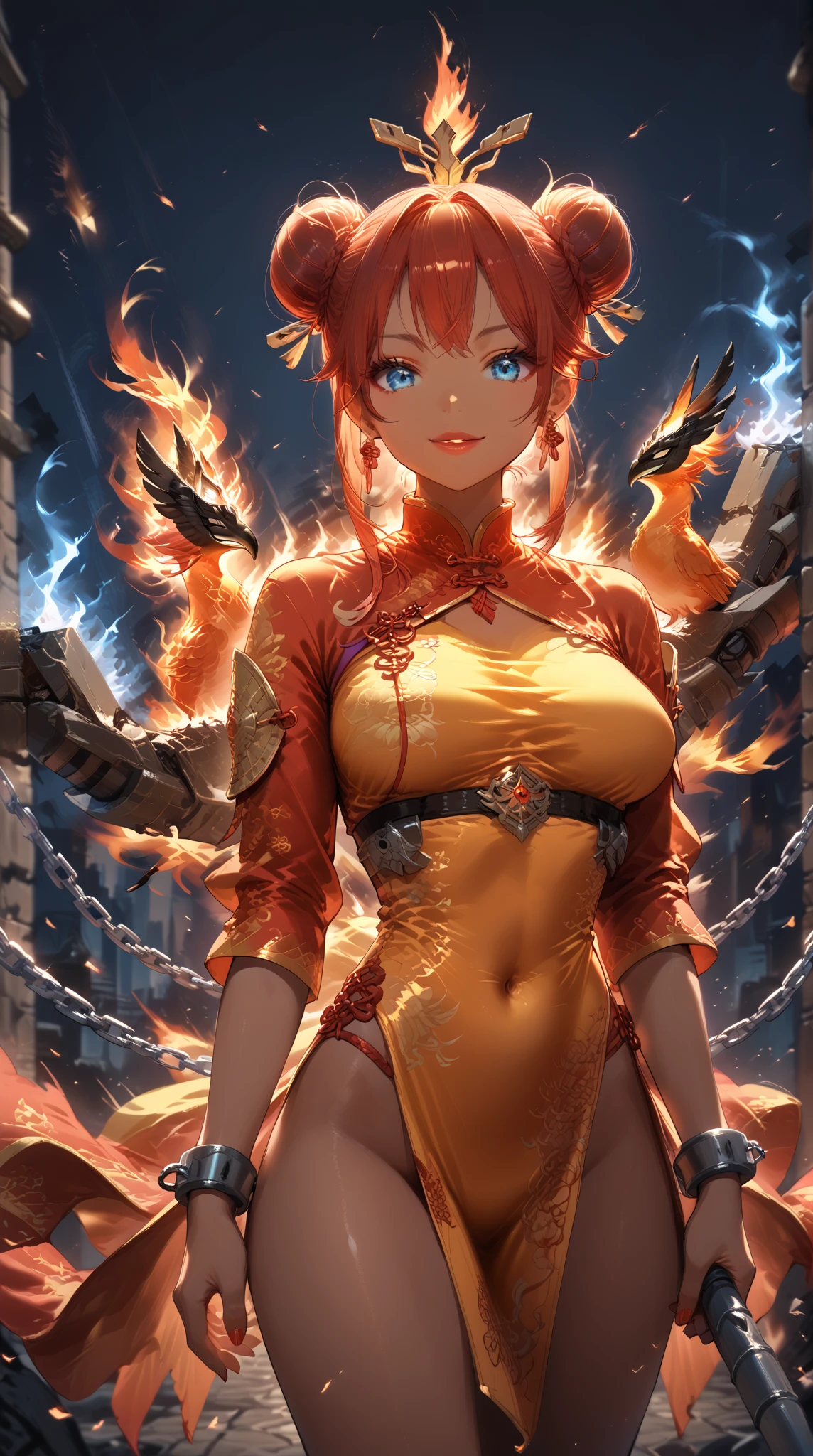 1 Warrior girl, she has Phoenix, breasts, black_hair, blue_eyes, red_lips, navel, chinese_clothes, earrings,chinese warrior, jewelry, hair_bun, smile, looking_at_viewer, queens of destruction, fantasy dark world, fire from Phoenix, fit and sensual body, she is a Phoenix tamer, complete body, whole body, she is fire master too, crown of queen of Phoenix, chains,
