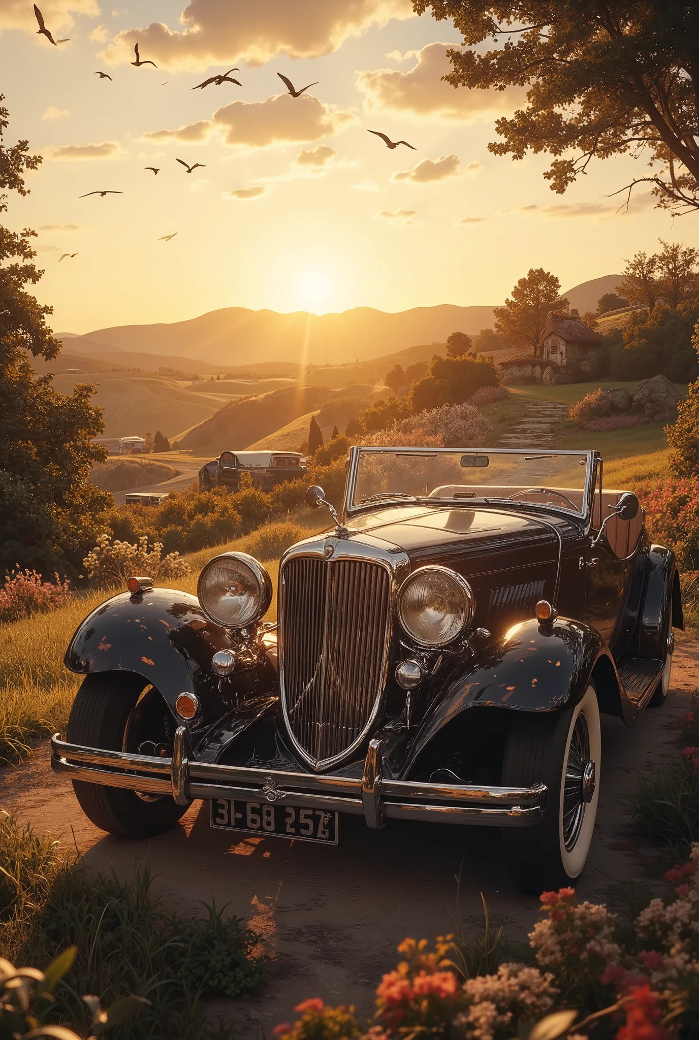 I want pictures of a Vintage Car that appear far away and nearby at sunset. Let there be birds flying. Let it be very beautiful and romantic.