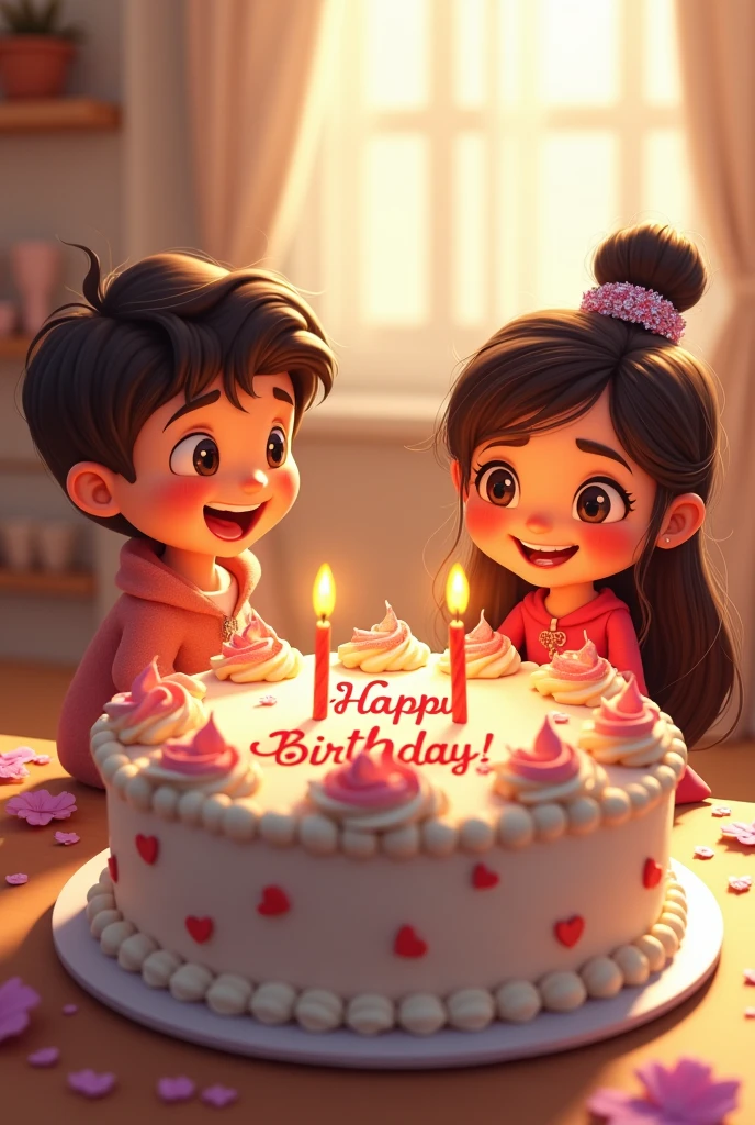 A young boy and a chubby cheeks girl with chico eyes and long hair are hug each other while they are sitting on a bed and in front of them there is Creamy chicken Tikka pizza and coke drink or on the table far a chocolate cake also keep and in the background of the wall write with a balloon happy birthday
