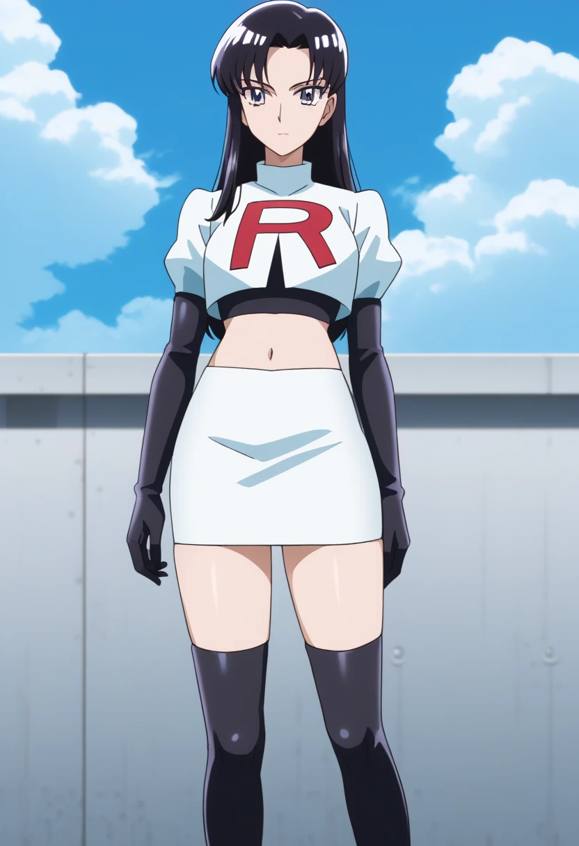 Rukia, team rocket uniform, white jacket, white skirt, pencil skirt, miniskirt, black thighhigh boots, black elbow gloves, midriff, red letter "R"