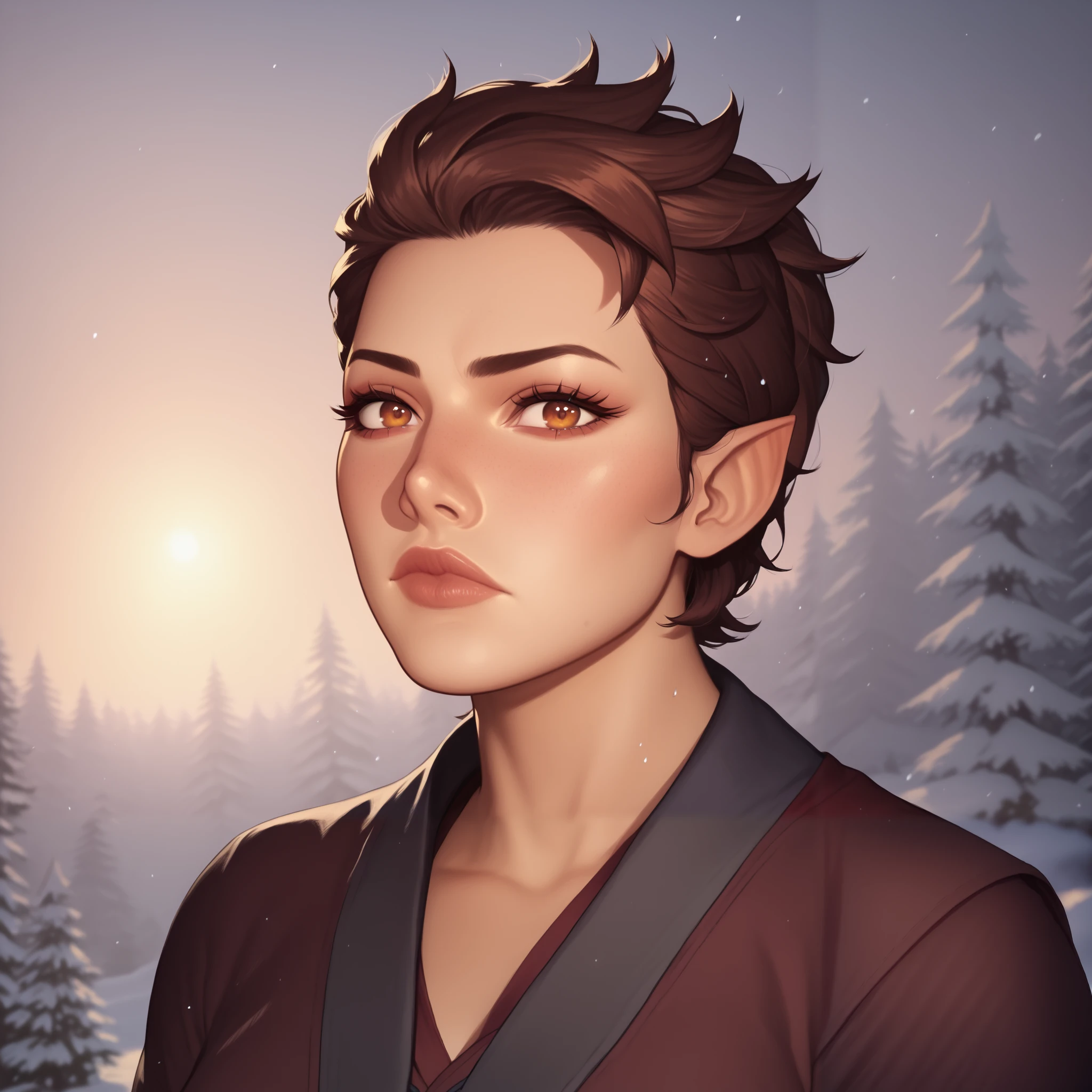 (((beautiful, high quality, comics style, detailed face))), score_9, score_8_up, score_7_up, masterpiece, best quality, unrealistically high details, extremely high quality, ultra-high detail, good anatomy, rating_explicit, perfect anatomy, anatomically correct hands:1.5, Detailed, blurred background, DeepNegative_xl_v1, detailxl, zPDXL3, Score_PnyReal BREAK 1woman, brunette, honey eyes, short pointy ears:1.5, robes, solo, portrait, upper body, portrait, serious expression, LOOKING AT VIEWER, at night, snow forest background, fantasy.