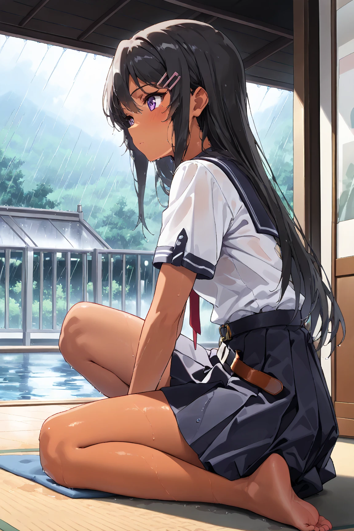 nsfw,suzune horikita,forest,Under the tree,Show the whole body,front,from the front,uniform,Red blazer,Hair ribbon, black knee-high socks,(((Pee,Urinating))),squat,((女genital,genital,))