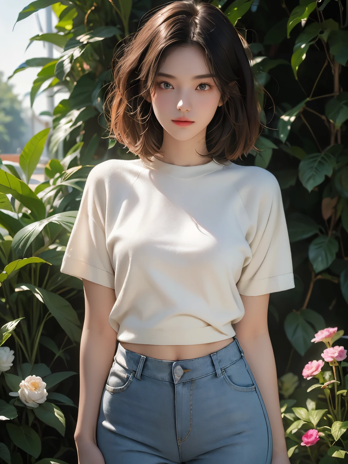 top quality, masterpiece, Ultra High Precision, (photorealistic: 1.4), (Stare away: 1.4), (Stare away: 1.4), camera on Vagina, RAW photo, One Girl, with dark hair, (Straight Bob: 1.4), (Pants: 1.4), bungs, smile, Glossy Skin, dramatic lighting, Neat , t-shirt, White summer sweater, (big: 0.9), garden