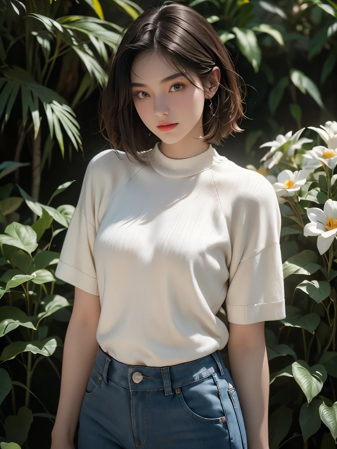 top quality, masterpiece, Ultra High Precision, (photorealistic: 1.4), (Stare away: 1.4), (Stare away: 1.4), camera on Vagina, RAW photo, One Girl, with dark hair, (Straight Bob: 1.4), (Pants: 1.4), bungs, smile, Glossy Skin, dramatic lighting, Neat , t-shirt, White summer sweater, (big: 0.9), garden