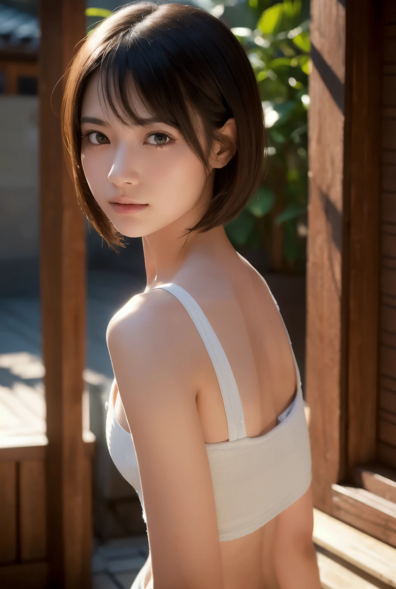(Masterpiece),  ((Top Quality)),  ((8K Wallpaper)),  ((Ultra High Resolution)),  Good Composition,  (Ultra Detail),  Beautiful Art,  Artistic,  Realistic,  Beautiful,  Good Art,  Landscape,  Movie scene,  shiny skin,  detailed skin,  fine skin,  (beautiful hair),  (beautiful eyes),  (perfect anatomy),  (realistic),  five-fingered delicate hand,  shot on canon,  film grain,  shot by Christopher Nolan,  hard shadow,  masterpiece,  best quality,  Intricate,  High Detail,  analog style,  (soft focus:0.6),  modelshoot style,  film grain,   photo of a beautiful girl, (((boyish and healthy girl))), (High school girl),   abeautiful trained body ,  sweaty skin,  short hair,  (perfect eyes),  (detailed eyes), (High school girl)
, impossible, absurd
, ((チョーカー))、白いブラウス