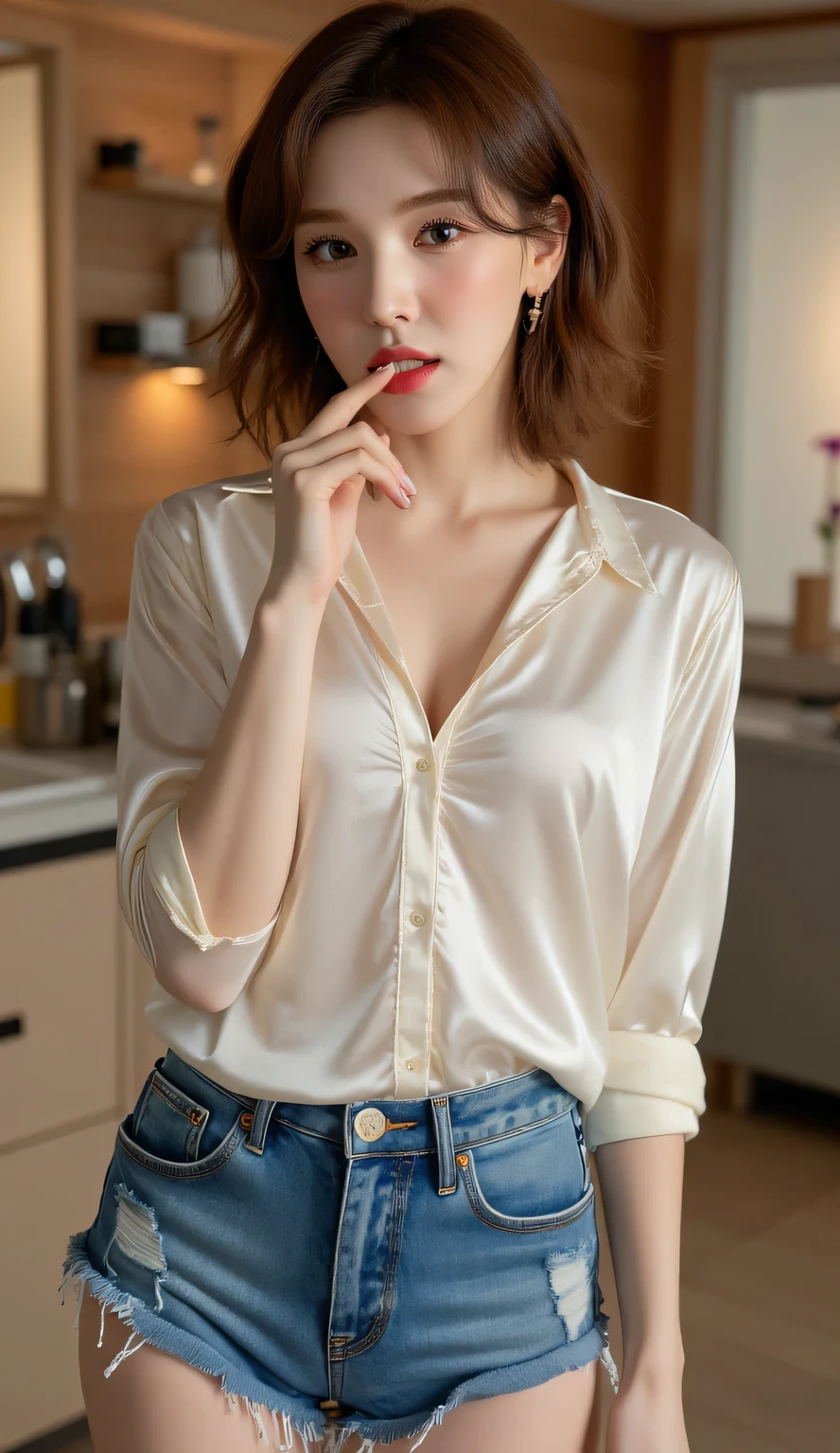 A beautiful woman, standing in the kitchen, using white color silk material straight sleeping shirt, big boob denim shorts, red lips, slim waist, face twiddling finger biting,