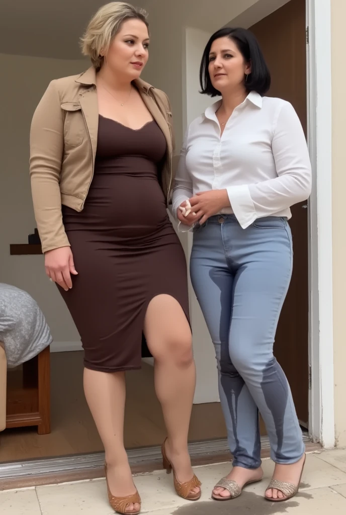 1girl,(masterpiece:1.8),photo-realistic,16k,(beautiful 40s japanese plump lady:1.5),(crowded restroom:1.4),(black chiffon frilled blouse:1.5),(jeans:1.2),(sandals:1.4),(handing on wetting crotch with both hands:1.3),(leaning forward:1.1),(leaking pee:1.6),(dripping pee:1.5),(blush:1.7),(panicking:1.7),(sobbing:1.6),She has people staring at her,(brown hair:1.2),long hair,straight hair,black eyes,(attractive older woman:1.1),mature woman,MILF,curvy,huge breasts, (heavy makeup:1.3)