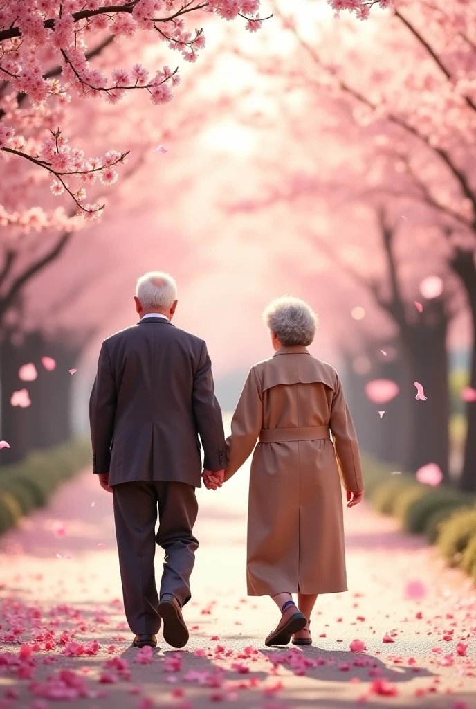 (Highly detailed CG Unity 8k wallpaper、masterpiece、highest quality、Super detailed)、(best lighting、best shadow、very delicate and beautiful)、highest quality、8k、Detailed facial depiction、masterpiece、highest quality、clear image quality、
Take a photo of an elderly couple walking through a tunnel of cherry blossoms on a country road in spring.。