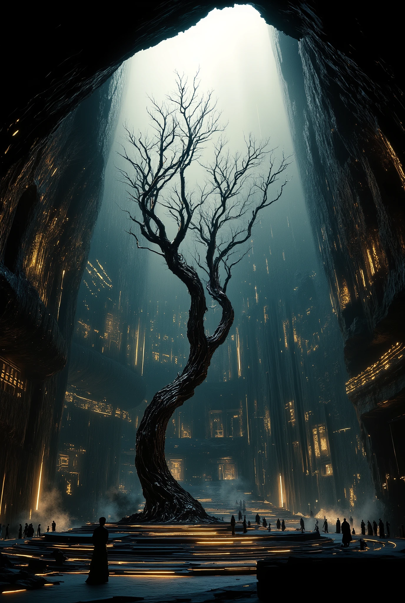 A dramatic movie scene, looking up, featuring a mysterious landscape. The central theme of the painting is a metal tree sculpture illuminated by cold light, standing in the middle of an open-air cave. The ancient metal giant tree sculpture has only nine bare branches. The cold light shines from the top onto the bronze tree with only nine branches. The cave walls are engraved with mysterious cold-light patterns, surrounded by dim bronze pillars, and the ground has mysterious broken bronze decorations, symbolizing an epic and glorious ancient civilization. It is magnificent. The overall composition conveys the historic moment of searching for a lost ancient civilization! The upward-looking lens reflects the hugeness of the bronze tree.