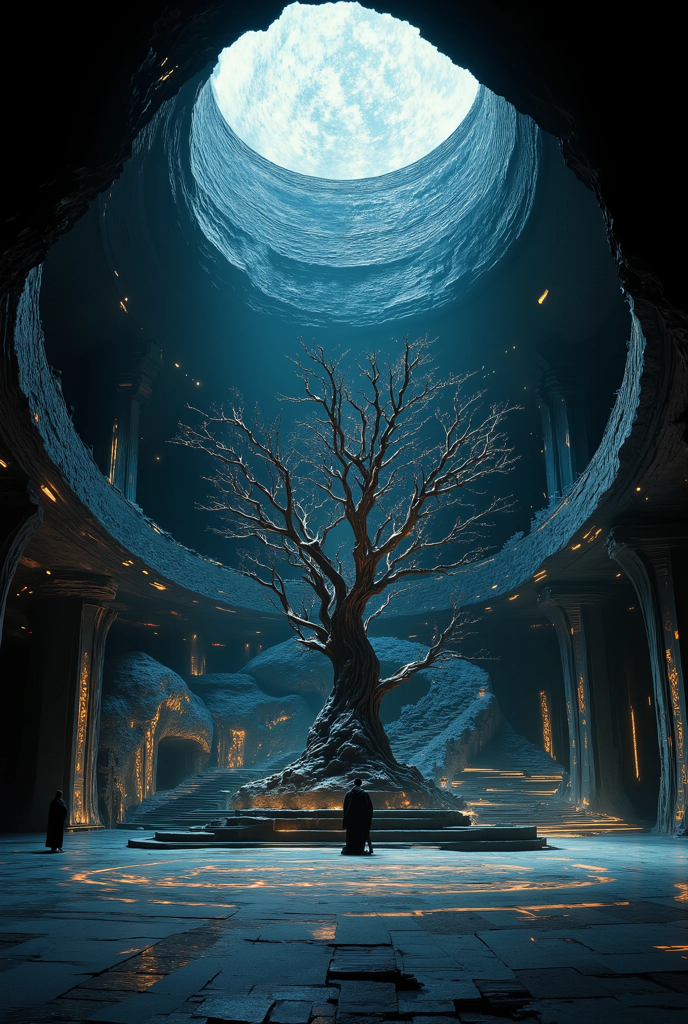 A dramatic movie scene, looking up, featuring a mysterious landscape. The central theme of the painting is a metal tree sculpture illuminated by cold light, standing in the middle of an open-air cave. The ancient metal giant tree sculpture has only nine bare branches. The cold light shines from the top onto the bronze tree with only nine branches. The cave walls are engraved with mysterious cold-light patterns, surrounded by dim bronze pillars, and the ground has mysterious broken bronze decorations, symbolizing an epic and glorious ancient civilization. It is magnificent. The overall composition conveys the historic moment of searching for a lost ancient civilization! The upward-looking lens reflects the hugeness of the bronze tree.