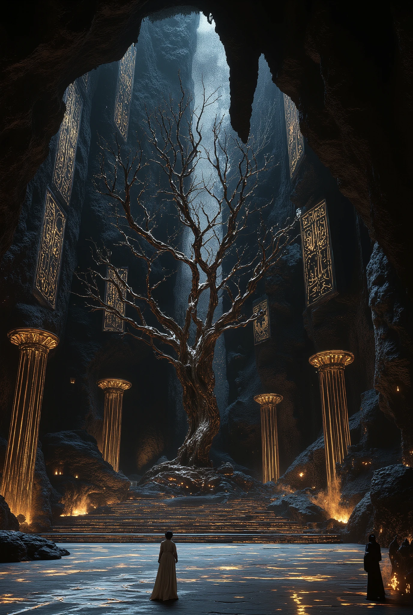 A dramatic movie scene, looking up, featuring a mysterious landscape. The central theme of the painting is a metal tree sculpture illuminated by cold light, standing in the middle of an open-air cave. The ancient metal giant tree sculpture has only nine bare branches. The cold light shines from the top onto the bronze tree with only nine branches. The cave walls are engraved with mysterious cold-light patterns, surrounded by dim bronze pillars, and the ground has mysterious broken bronze decorations, symbolizing an epic and glorious ancient civilization. It is magnificent. The overall composition conveys the historic moment of searching for a lost ancient civilization! The upward-looking lens reflects the hugeness of the bronze tree.