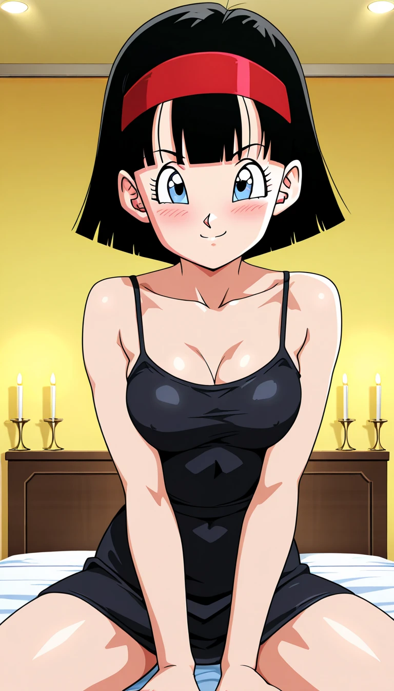 source_anime, score_9, score_8_up, score_7_up, anime screencap, official style, videl, dragon ball super, bob cut, short hair, blue eyes, bangs, red hairband, medium breast, looking at viewer, smile, close mouth, bare shoulders, cowboy shot, masterpiece, best quality, very aesthetic, absurdres, taut dress, spaghetti strap, black dress, sleeveless, sitting on her bed, cowboy shot, mouth closed, indoor, bedroom, sexy pose, pinup, candles lights across the bed