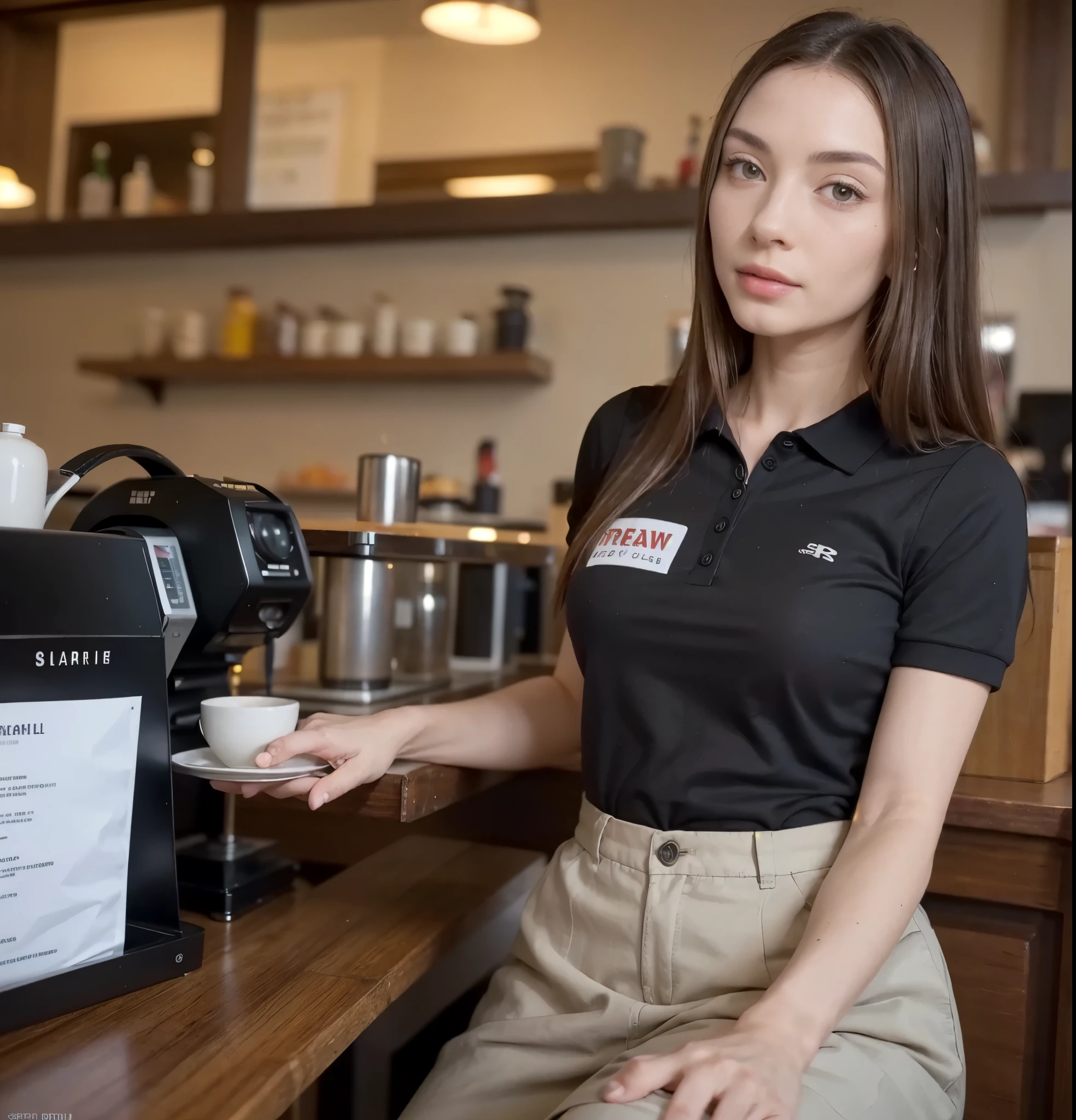 Beautiful woman with real AI, RAW photo, ((waitress: 1.4)), (Highly detailed skin: 1.5), Detailed eyes: 1.0, High quality lighting: 1.5, Beautiful, (black polo shirt, dark pants,, Model legs: 1.5, (High class: 1.8), (Realistic: 1.4), (High quality real skin texture: 1.4), (Beautiful skin texture enhancement: 1.1) Well-detailed eyes, Good quality eyes, Standing, 35 years old,, Perfect body beauty: 1.4, Desire body: 1.2, Body that arouses passions, Her complexion must be impeccable, Shows off her physical attributes, Real: 1.8,, ,(best quality)), ((masterpiece)), (detailed), perfect face, long hair, (textures!, hair!, shine, color!, , specular lighting, dslr, ultra quality, sharp focus, very sharp, crystal clear, black hair