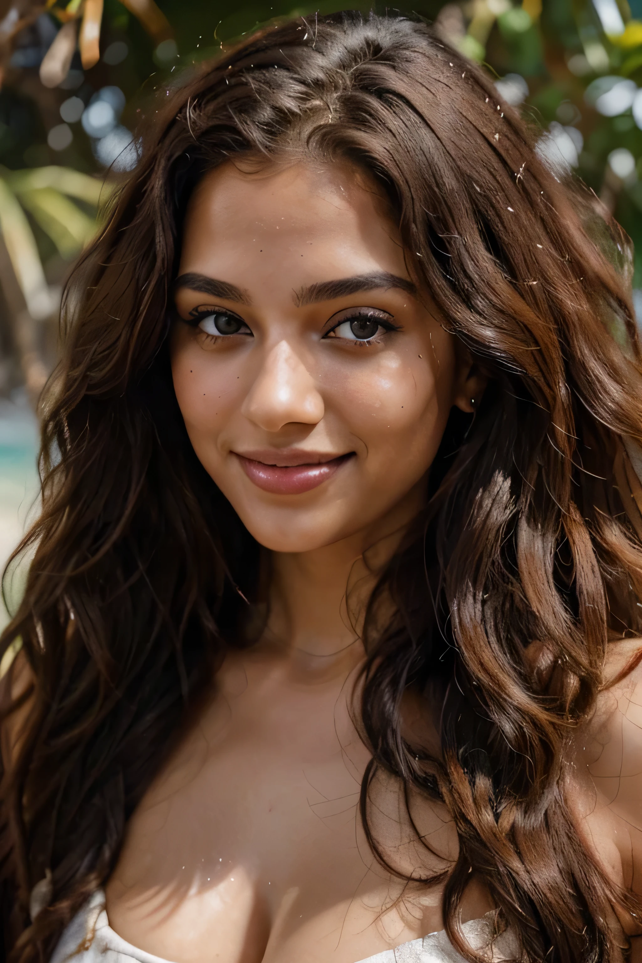 detailed and realistic portrait of a beautiful brown girl with type 4c afro-like long curly hair, big smile, captivating ocean blue eyes, staring confidently at the camera, natural lighting, intimate portrait composition, photo realism, ultra-detailed, Leica Q2, fashion photography, joyful expression, vibrant colors, authentic representation.The woman in the image has a striking appearance, with captivating eyes that sparkle and shine. Her lustrous, full black hair frames her face, adding depth and dimension to her features