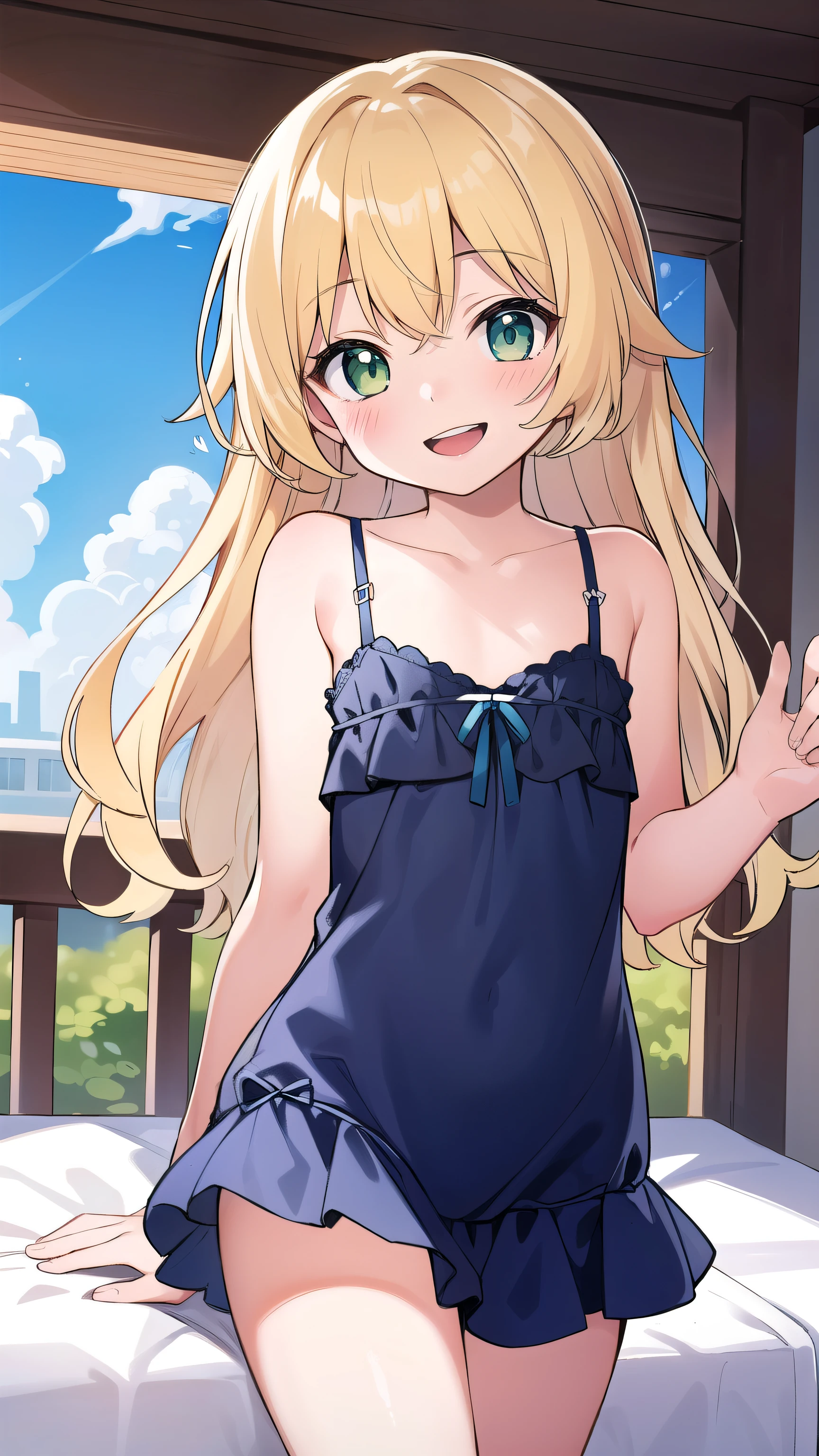 Blonde, elementary school student, green eyes, long hair , elementary school student, kind smile, park, short, 9 years old, 135cm tall, blue sky, hair hanging outside,chemise,(bottomless:1.5),flat chest ,pussy are visible