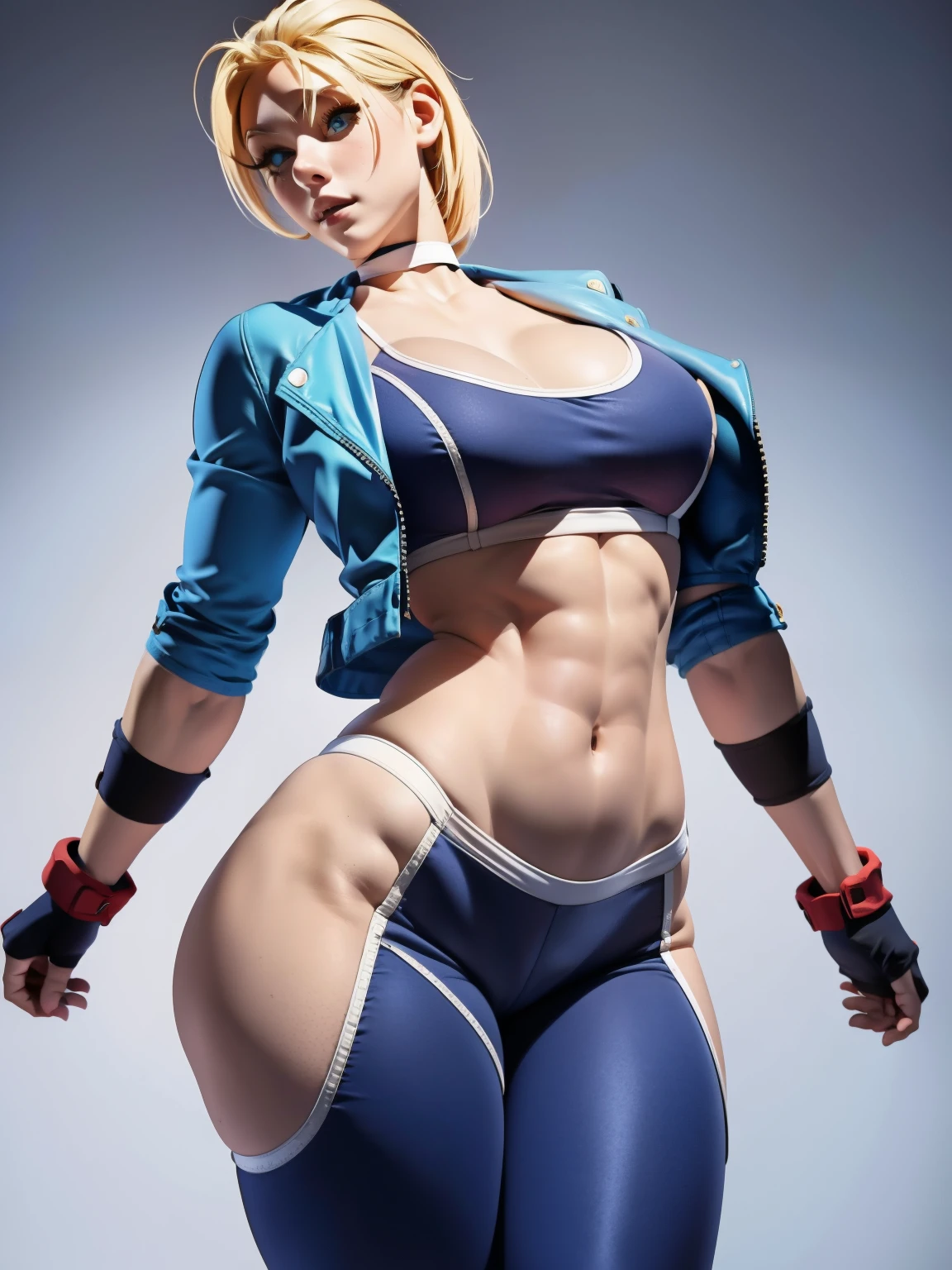 obra de arte, Qualidade superior, ultra-detalhado, 1girls, abs, blonde hair, blue eyes, bottomless, breasts, choker, clitoral hood, clitoris, jacket, large breasts, leaning back, long labia, looking at viewer, navel, parted lips, pussy, scar, scar on face, simple background, solo, thick thighs, white background