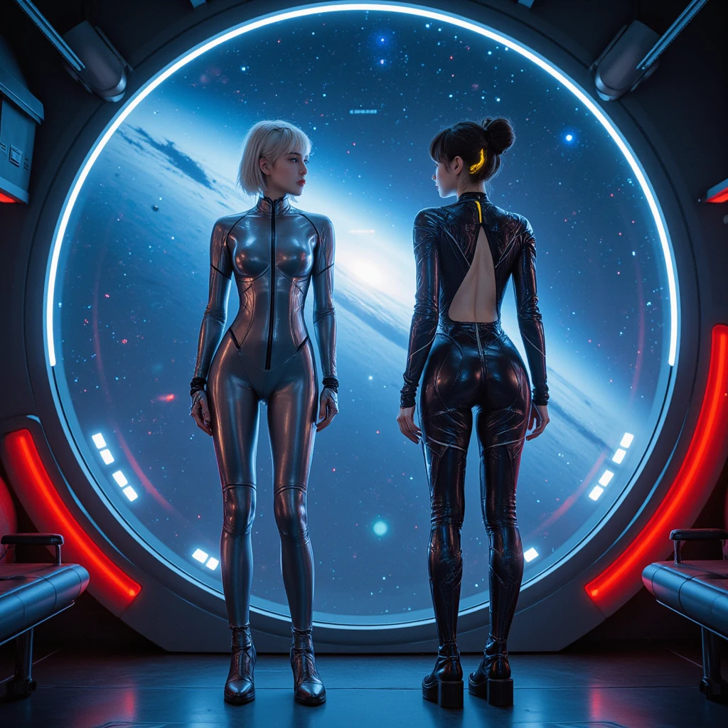 Masterpiece, highest quality, rear angle, photo of (TWO futuristic female special forces space soldiers with short white hair, lesbian lovers, romantic), perfect face, detailed facial features, posing seductively, flirty expression, [close together], (wearing white and cyan Nano combat suit, skintight), athletic body, (big ass), wide hips, (sci-fi), ancient alien artifact in background, nuclear fusion, glow, wanderlust, (mountains:1.1), snow, ice planet, Lost Planet, background by Jessica Rossier, (cinematic lighting:1.1), ambient light, sharp shadows, (lens flare:0.5), (bloom:0.6), particle effects, raytracing, photographed on a Hasselblad X1D III 50c, 16mm F2.8 wide-angle lens, (hyperdetailed, intricately detailed), film-like, Cinestill 800T, during the day, (sci-fi), sharp focus, film still from Gravity 2013, HDR, 8k, erotic, from behind, ass focus