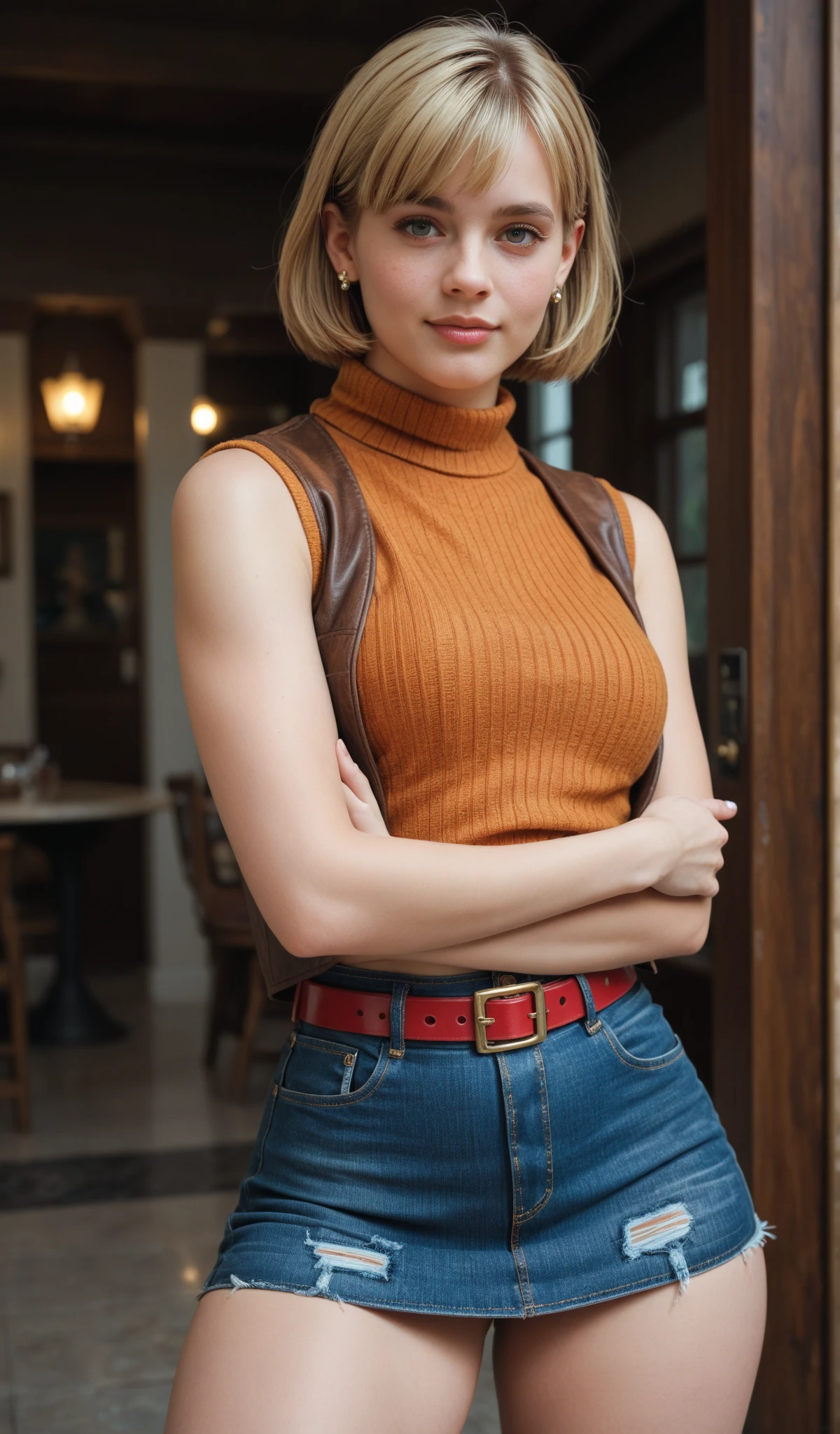 BlueMary, short blonde hair,blue eyes, red turtleneck, sleeveless tankop, fingerless gloves, black belt, blue pants, looking back at viewer, serious, smirk, inside hallway, cozy living room, from_behind, leaning on wall, soft lighting, high quality, masterpiece, <lora:BlueMary-DocStasis:.7>
