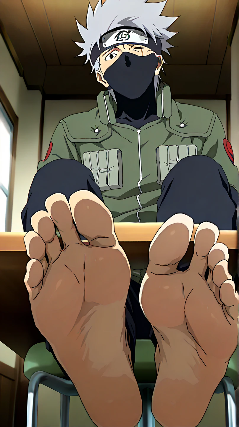 score_9, score_8_up,source_anime, adult version
1boy, alone, (score_9, score_8_up, score_7_up), 1boy, score_9, score_8_up, score_7_up, source_anime, highly detailed, 
1boy,    1boy, kakashi, grey hair, covered mouth, mouth mask,, scar across eye, forehead protector

indoor, japanese, looking at viewer, cowboy shot, anime screencap, anime coloring，barefoot，Perfect feet，Anatomically correct，soles，Focal length 35mm, Five toes，front，Symmetrical Soles，Foot Focus, in the study, sitting on the chair, legs put under a table to show his soles, below angle,
anime screencap, masterpiece, best quality, amazing quality, very aesthetic, official style,
1boy, solo, , barefoot, he is adult
 ,official style, barefoot, foot focus, looking at viewer, Alone, cowboy shot, anime coloring, Perfect feet，Anatomically correct，soles，Focal length 35mm, Five toes，front，Symmetrical Soles,
sitting with his feet prominently displayed under a table, He is barefoot, and the soles of his feet are the central focus of the image, appearing close-up.High Resolution, Best Quality, Accurate, no extra toes, both feet are displayed
