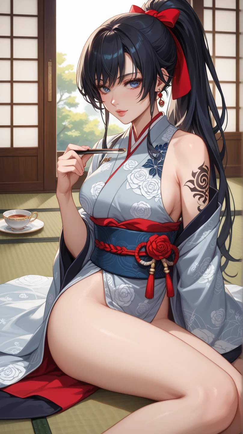 (masterpiece:1,2), best quality, masterpiece, highres, original, extremely detailed wallpaper, perfect lighting,geisha, kimono,Bare shoulder,tattoo,Extreme detail,solo,lustful eyes,look up,Glowing eyes,byobu,moon,Black hair,petal,sexy,open legs,nude,