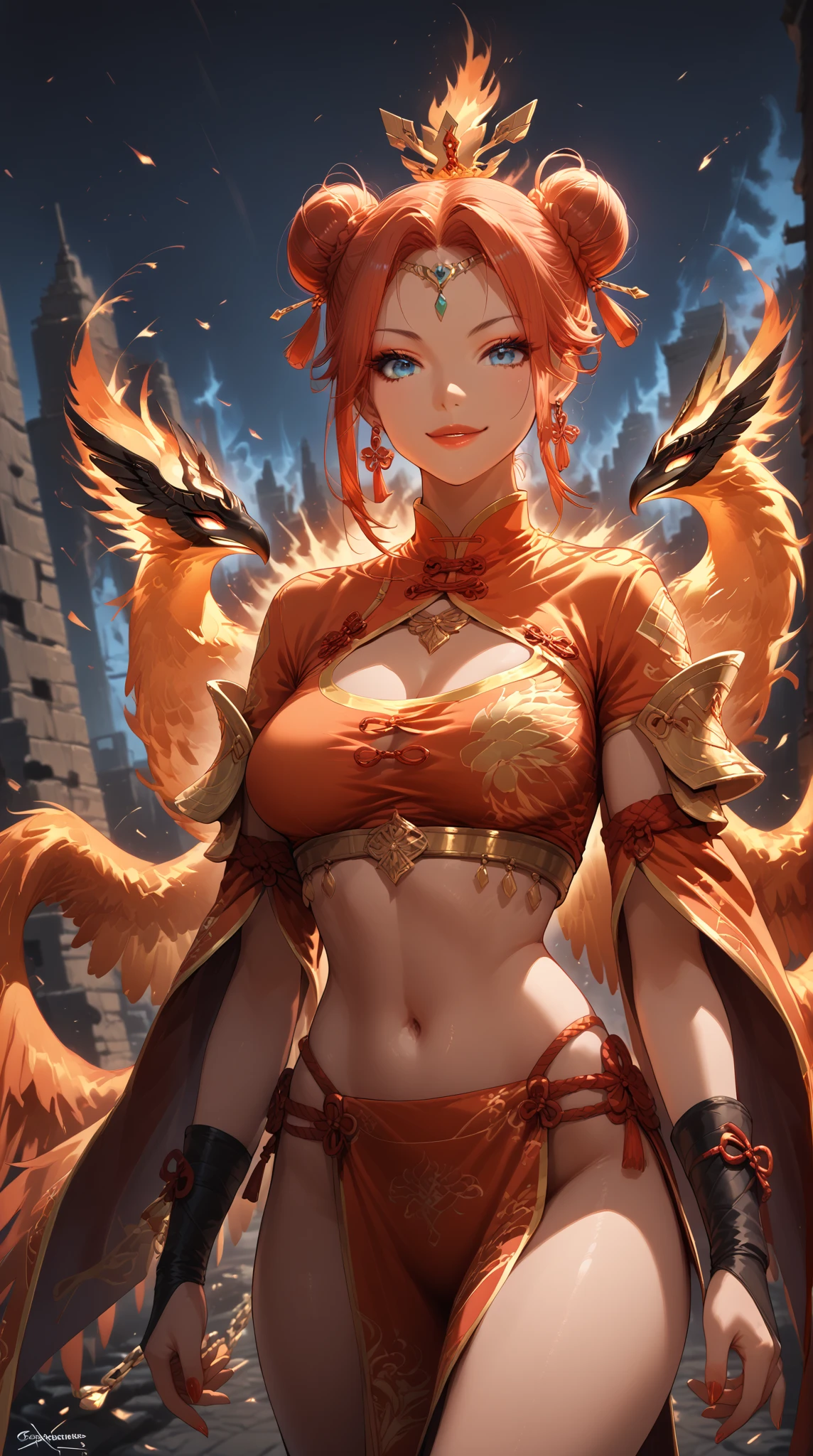1 Warrior girl, she has Phoenix, breasts, black_hair, blue_eyes, red_lips, navel, chinese_clothes, earrings,chinese warrior, jewelry, hair_bun, smile, looking_at_viewer, queens of destruction, fantasy dark world, fire from Phoenix, fit and sensual body, she is a Phoenix tamer, complete body, whole body, she is fire master too, crown of queen of Phoenix, chains,