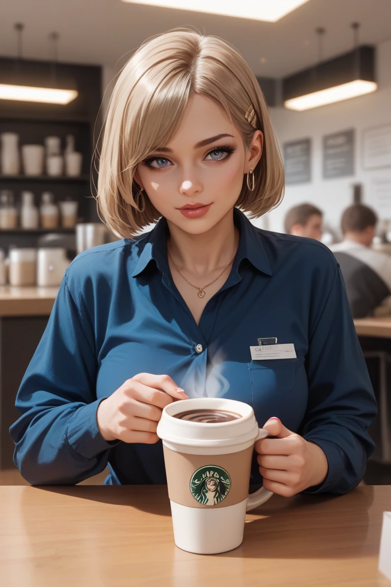 there is a woman sitting at a table with a cup of coffee, ☕ em cima da mesa, sitting at a café, Segunda vida, sentado em uma mesa cor de mocha, at the counter, in a coffee shop, !!Posando_Como_Lastly_Ceia, early evening, in a bright cafe, Directed by: Eva Frankal., Sitting at the table, Hangout da tarde