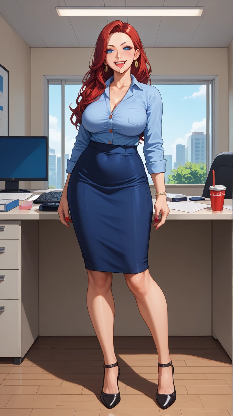 Christina Hendricks, (Christina Hendricks:1.5), masterpiece quality, (masterpiece quality:1.3), detailed, realistic, (realistic:1.3), 1girl, solo, (solo:1.9), alone, in a 1960s office, office desks in background, window of cityscape in background, short hair, wearing choker collar, secretary, wearing a red blouse, (red blouse:1.9), wearing a beige skirt, (beige skirt:1.9), thin body, huge breasts, (huge breasts:1.5), cleavage, (cleavage:1.5),