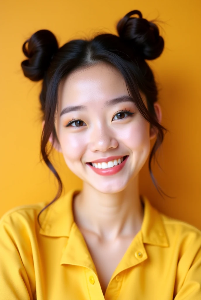 a gorgeous lady, age 21, white T-shirt and red mini-skirt, dimpled smile, short ponytail hair, natural pose, photorealistic, beautiful detailed eyes, ample round bosom, hyper-realism, high contrast, ultra HD, realistic skin textures, top image quality, top-quality, super high resolution, fine details, very meticulously, simple yellow background