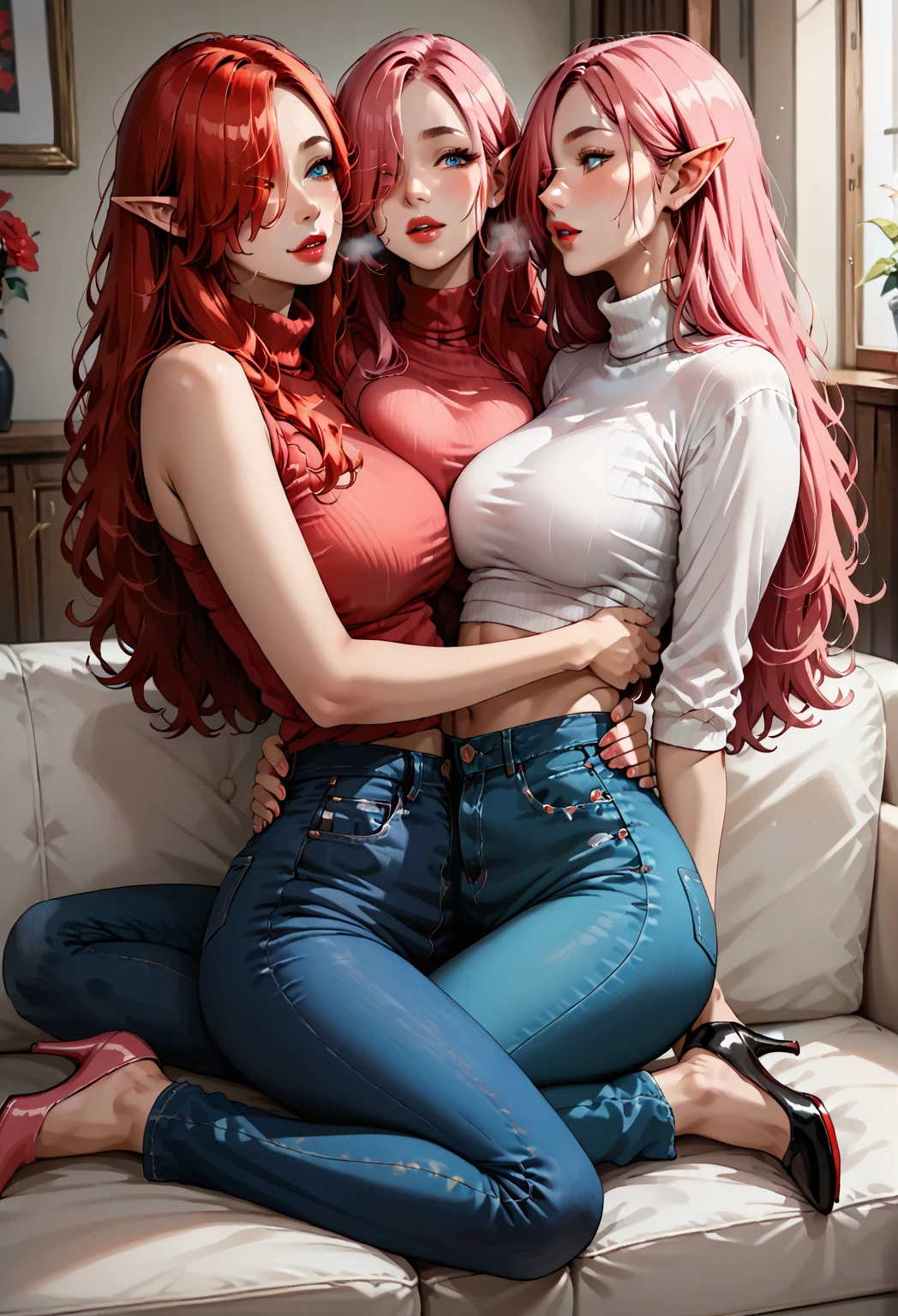 Milf, spaghetti strap dress, sexy fat, ultra detail, sexy body, cleavage, big breast, seductive expression, sexual expression, long red hair