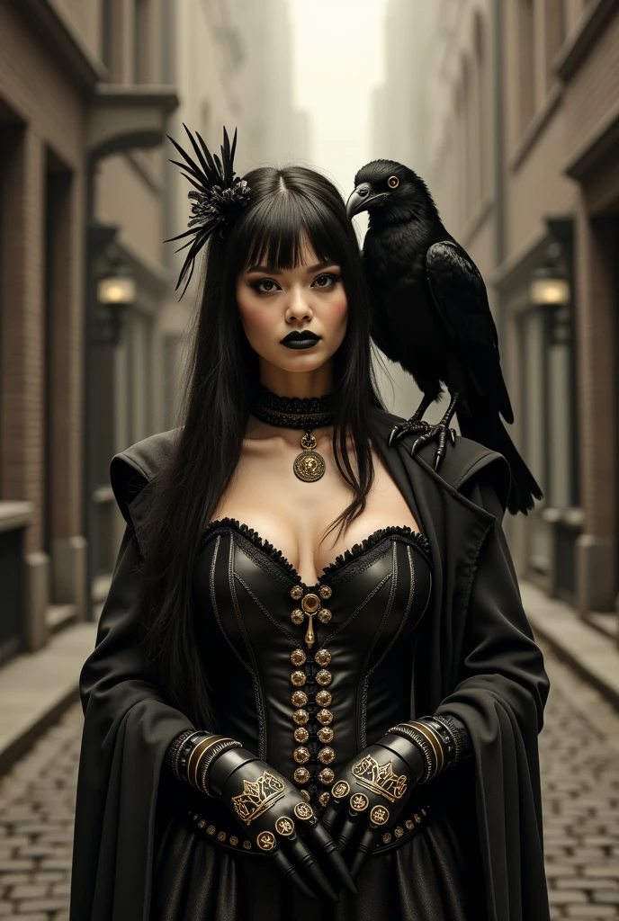 (Masterpiece:1), realistic, ((cinematic lighting)), official art, unity 8k wallpaper, ultra detailed crown mask, beautiful and aesthetic, High quality tool, beautiful, best quality, ((occult symbols)), esoteric, holy divination, fractal patterns, (a sister), a young 25 years old woman wearing a silver blind mask, big breast, (smile: 0.8), thin and slender, black long hair (black hair: 1.2), black lips, perfect hands, perfect fingers, straight hair, choker, (black clothes), armor, ((Cassock)), capelet, elbow gloves, a crow (a crow: 1.2), on side, full body (from below, dutch_angle: 1.1), dutch angle, gothic cemetery, horror, dark_fantasy.
