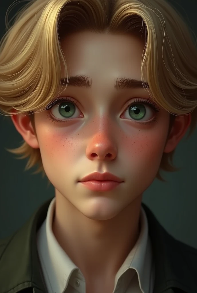 Appearance: (appearing boyish),shorter blonde hair, pale skin, slender figure, sharp brown eyes, sharp features.
Age:29
Job:soldier
Realistic image