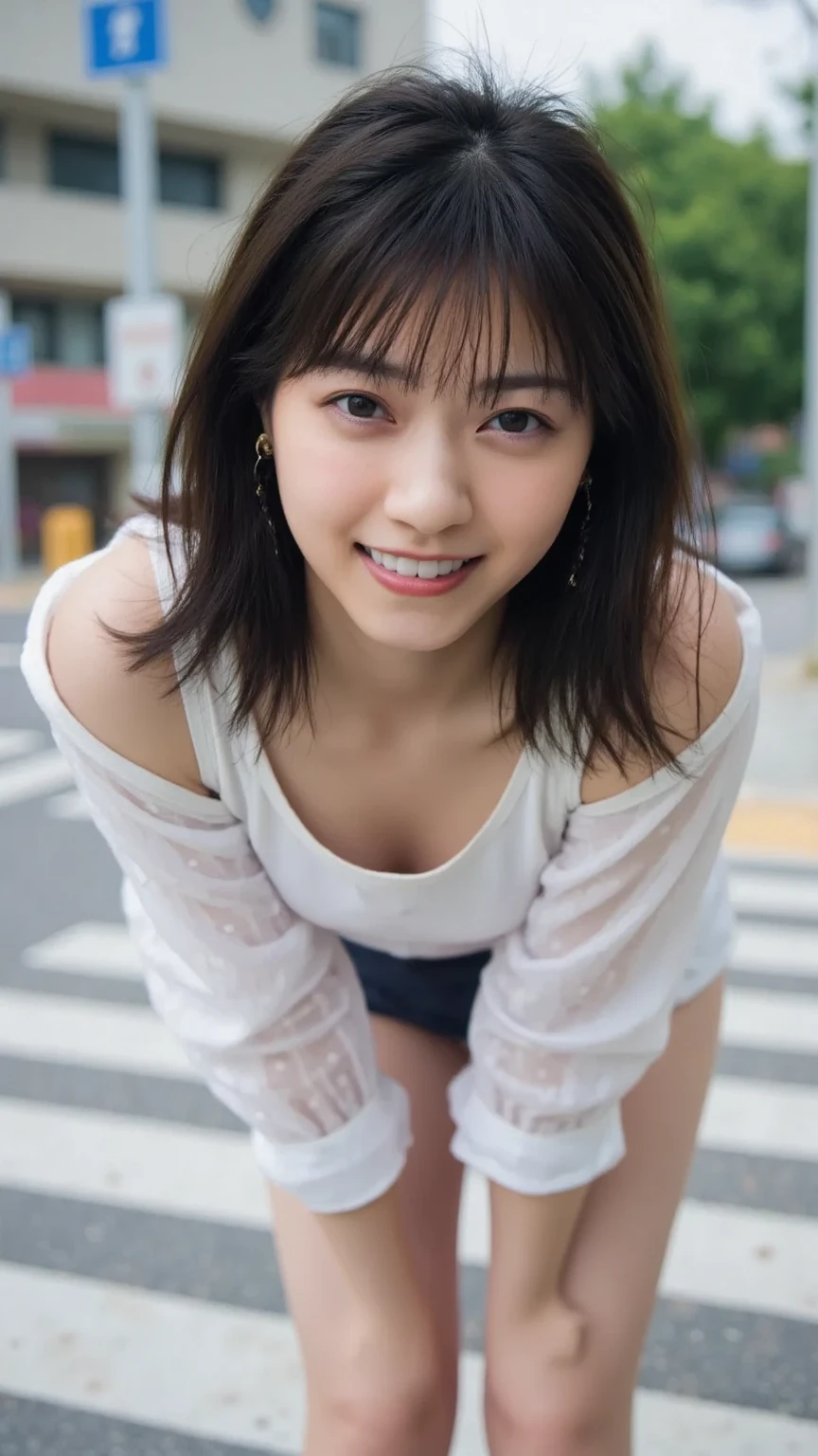 laughter:1.5、I can see her small white panties:1.5,Brown hair short cut with side waves:1.5,casual sneaker wear:1.5,