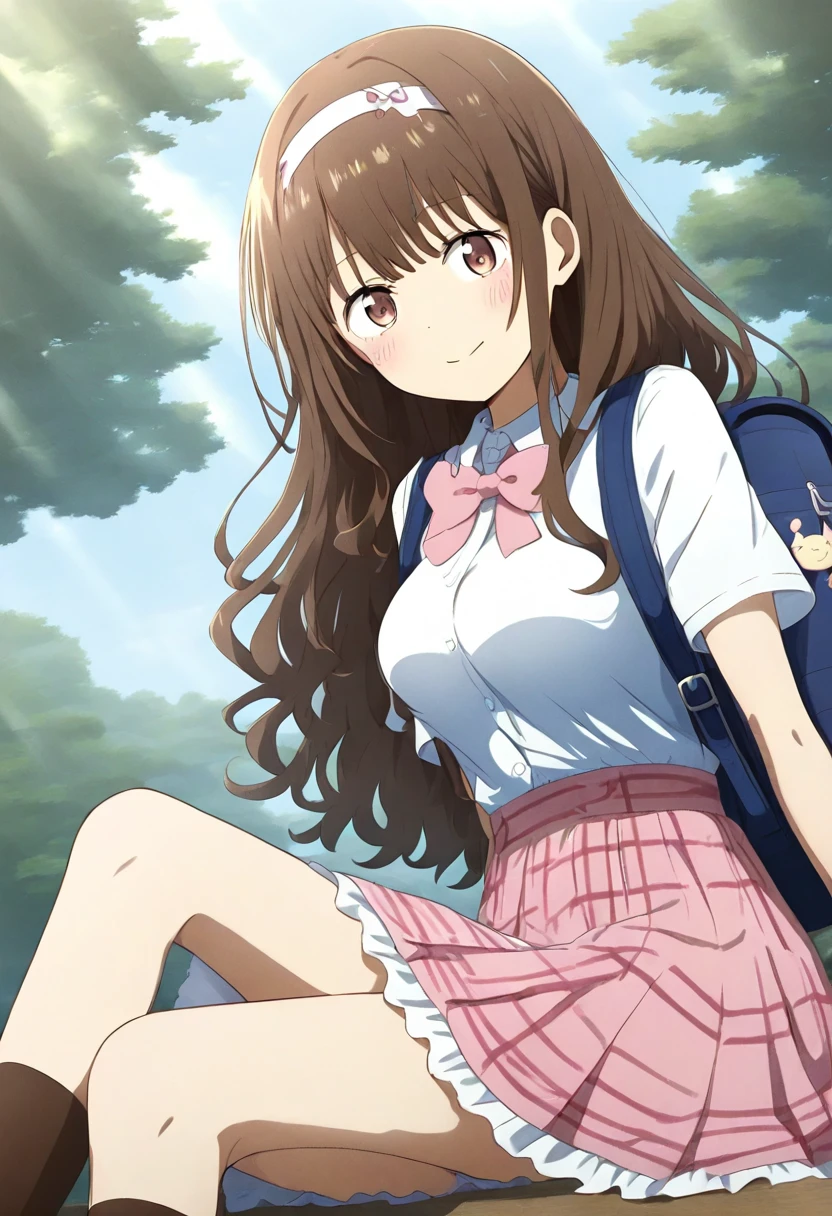  She has shoulder-length brown, slightly curly hair，The ends of her hair are playfully bent inwards， She wears a pink bow headband。 Her eyes are like clear amber， Her eyelashes are thick and slightly upturned， When she smiles, they bend into a crescent shape，Showing white and neat teeth， She has two shallow dimples on her cheeks。 She wears a white chiffon short-sleeved top， She has a light blue ribbon tied around her neck， She wears a high-waisted pink plaid skirt， There are delicate lace trims on the hem of her skirt。 She wears white mid-calf socks and brown leather shoes， She carries a light purple backpack， There are all kinds of cute little pendants hanging on the bag， The whole thing exudes a youthful and sweet atmosphere。