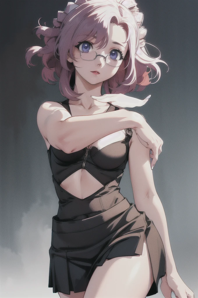 (hyperrealistic), (illustration), (high resolution), (8K), (extremely detailed), (best illustration), (beautiful detailed eyes), (best quality), (ultra-detailed), (masterpiece), ( wallpaper), (detailed face), solo, 1 girl, white wavy hair, english, heterochromic eyes, glasses, small moles under the eyes, tight white lace brassiere, short pleated skirt, big breasts, long legs, tight abs, dynamic pose  