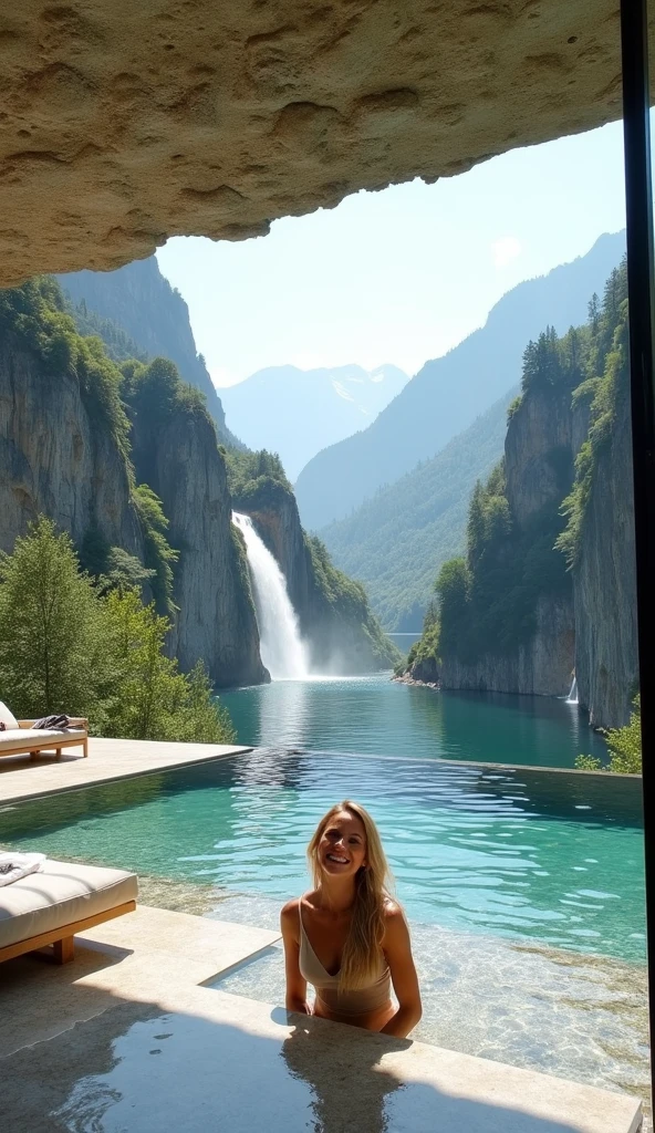 Il y a une femme magnifique en bikini debout dans un lac de montagne, Blonde, long curly hair, pose sexy, Slight smile, photoreallistic, UHD, jour