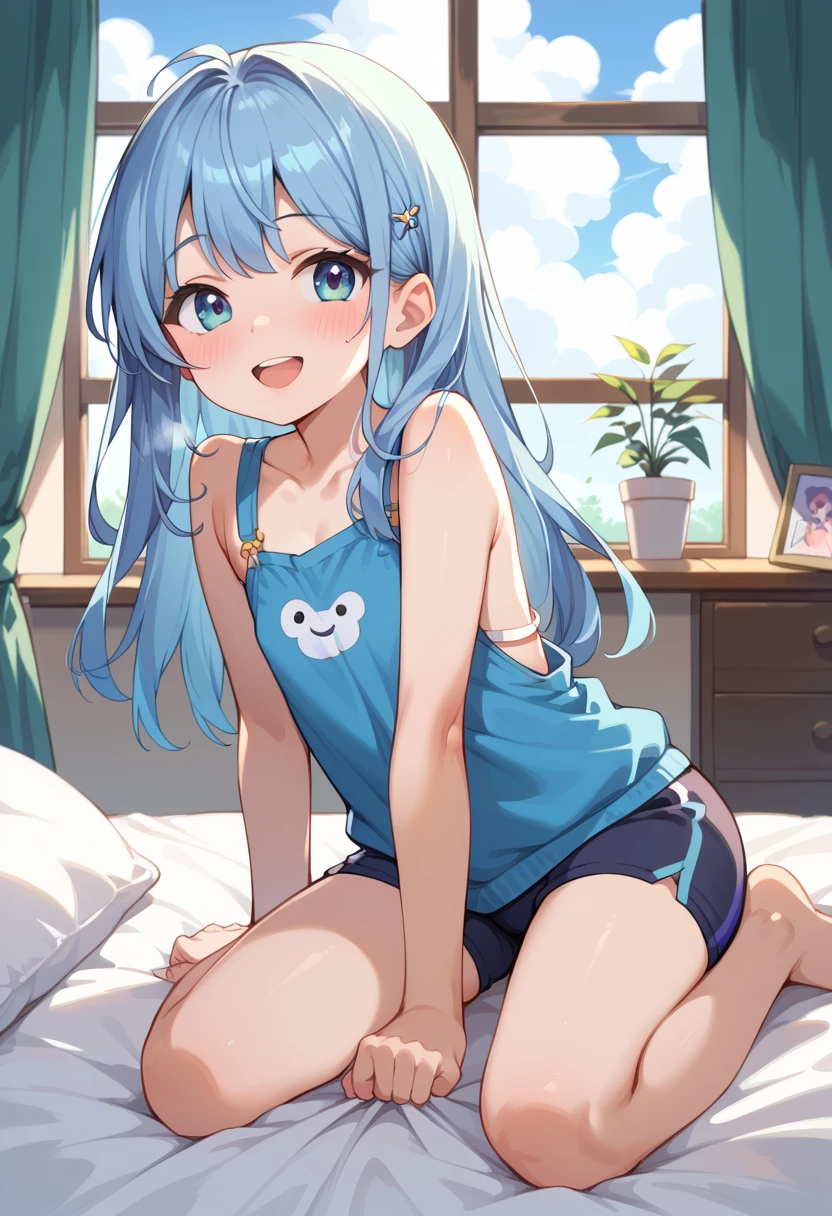 happy expression, Bruce Timm style, masterpiece, light-blue hair, grey eyes, freckles, smile, BREAK naked, sneakers, perfect anatomy, perfect hands, , perfect anatomy, perfect hands, very long hair, flat chest, multiple angles, dakimakura, on bed, butt,
