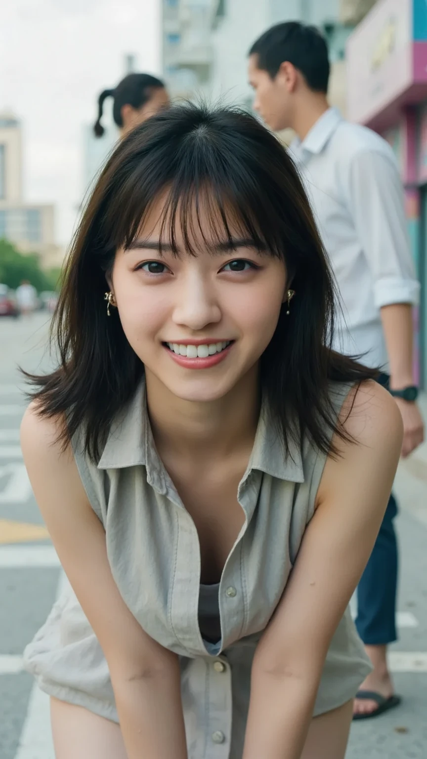 Very young female, half chinese, small slit-eyed, black hair, flawless white skin, wolfcut hair, photorealistic, best quality, hyper detailed, middle school student, beautiful woman, selfie photo, upper body, solo, wearing uniform, smiling at city, sunset photo, without makeup, school, looking at viewer, skin texture, film grain, close up, ultra high res, best shadow, RAW, instagram LUT