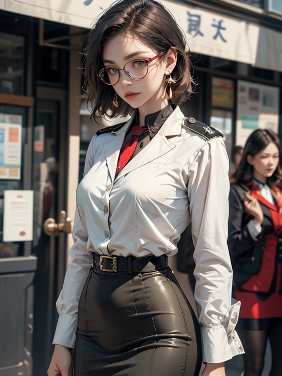 full body photo, A detailed face, Clear face, Beautiful Girl, (Looking here), cool beuty, perfection female form, perfection face, Glossy pink lips, Expressive eyes, eye shadow, eyeliner, light brown colored hair, ((ponytail:1.2)), ((silky long hair)), (Glasses:1.3), ((very thin waist)), ((Big breasts about to burst:1.3)), (Sexy look:1.4), ((Attractive eyes)), ((sharp eyes)), ((slim body)), ((High-precision shades)), ((Attractive colors)), (((light green three-piece suit with a red tie))), (((Men's suit ))), masterpiece, anatomically correct, textured skin, high details, high quality loidforger,
