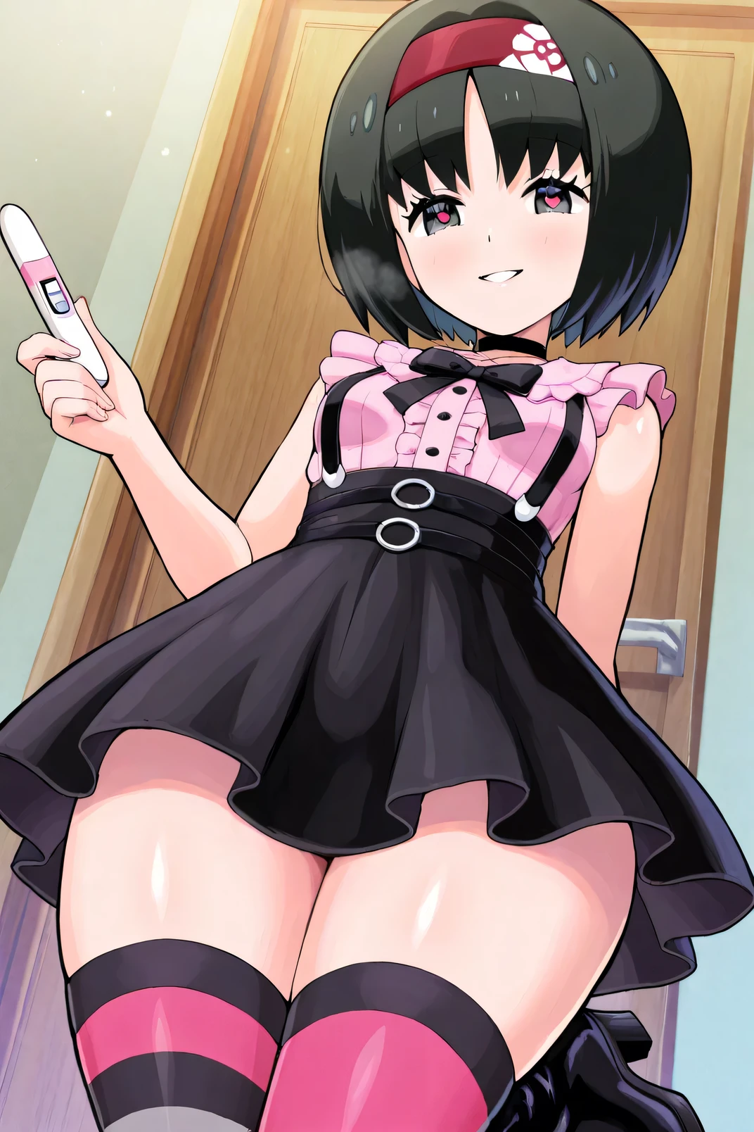 Erika_(pokemon), 1girl, solo, bob_cut, short_hair, black_hair, parted_bangs, hairband, red_hairband, grey_eyes, eyelashes, smile, seductive_smile, jirai_kei, shirt, pink_shirt, frilled_shirt, sleeveless_shirt, sleeveless, center_frills, bow, bowtie, black_bow, black_bowtie, ribbon, black_ribbon, choker, black_choker, skirt, miniskirt, black_skirt, suspender_skirt, high-waist_skirt, suspenders, striped_thighhighs, thighhighs, pink_thighhighs, black_thighhighs, o-ring, o-ring_thigh_strap, boots, black_boots, high_heel_boots, high_heels, thighs, wide_hips, small_breasts, petite, shiny_skin, holding_pregnancy_test, pregnancy_test, heart-shaped_pupils, symbol-shaped_pupils, yandere, full_body, beautiful_detailed_eyes, masterpiece, best_quality, intricate_details, absurdres, artist_pokemoa