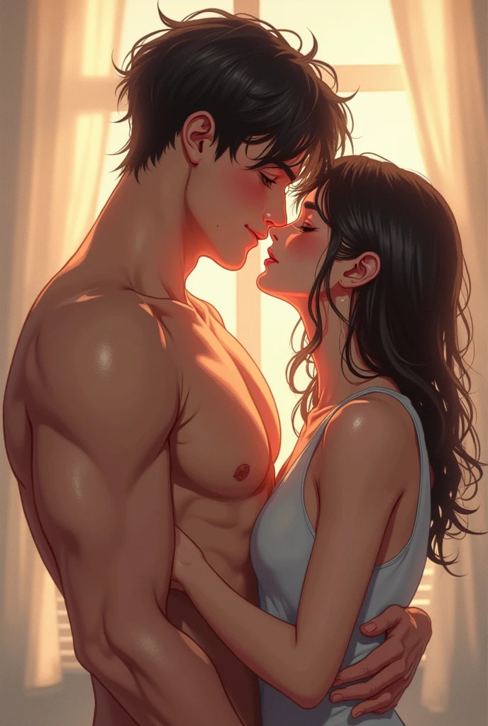 Young boy shirtless kissing a sexy woman wearing a saree near a windowsill, natural light beaming through window, passionate love-making, making out, intensely intimate
