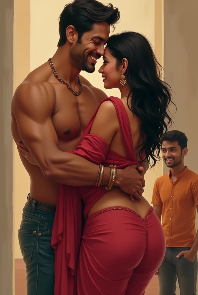 Indian desi couple (hunk and girl doing body play) 25 years old Desi beared mascular dark skin jaat weared dhoti doing hot body playing with young girl and show with huge wide muscular shoulders, wide chest, abs, masculine wide triceps, arms, biceps, big masculine legs, wide thighs, calfs, black-haired, hair falls on your face, Mesmerizing brown eyes, dhoti, in house, His perfect( big huge penis) is (coming out) of his dhoti,masterpieces, seductive, erotic, sucking penis, body playing, kissing, body kissing