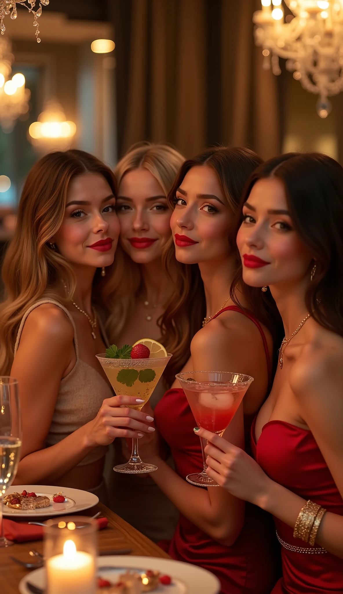 (best quality, Ultra HD, realistic, detailed , 8k, cinematic, luxurious aesthetics , soft and warm lighting, goldene Highlights, elegant color palette, high resolution, realistice Hautdarstellung, detailed fabric textures, bokeh effect in the background, vivid shades , subtle motion blur for natural dynamism, harmonious composition, GOLDEN CUT , lively atmosphere , inspired by high fashion photography, lifelike facial expressions and gestures, professional glamour photo shoot) A group of sexy, stylish young women aged 18 to 22 sit in a luxurious, elegant restaurant with elegant furnishings and steamed, romantic lighting. They have their arms wrapped around their waist, lean on each other playfully and pose together for a photo with radiant, charming smile . The women have different hair colors — shiny blondes, brunette and redhead — her hair is perfect styled, in soft waves or elegant updos. Your makeup is glamorous, with eye-catching lipstick in rich shades of red, dramatic eyeliner and thick eyelashes, that accentuate your eyes.
You wear expensive, elegant designer dresses, tight-fitting and made from luxurious fabrics such as satin and silk, with elegant cuts, deep cutouts or seductive backless designs. The clothes shimmer in the warm light of the restaurant. everyone wears matching, filigree jewelry — gold necklaces, sparkling earrings or delicate bracelets. In their hands they hold stylish, colorful cocktails with ice cubes, } garnished with fruits and tempting straws, while they have a lively conversation and occasionally laugh for the photo.
The background shows a luxurious restaurant atmosphere, With dimmed, golden light, elegant chandeliers, dark Wood and opulent velvet curtains. Blurred bokeh lights create warm, Depth is created by F . The atmosphere is glamorous,