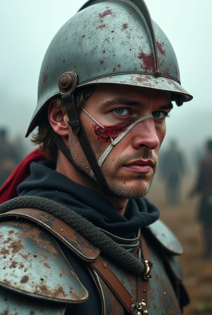 wounded man wearing helmet and armor with blood on his face, mechanized soldier boy, soldier boy, handsome male warrior, soldier boy portrait, dieselpunk soldier boy, cute soldier boy portrait, knight in armor, futuristic soldier boy portrait, wojtek fus, wearing war paint, blood and dead soldier, war paint, handsome male warrior