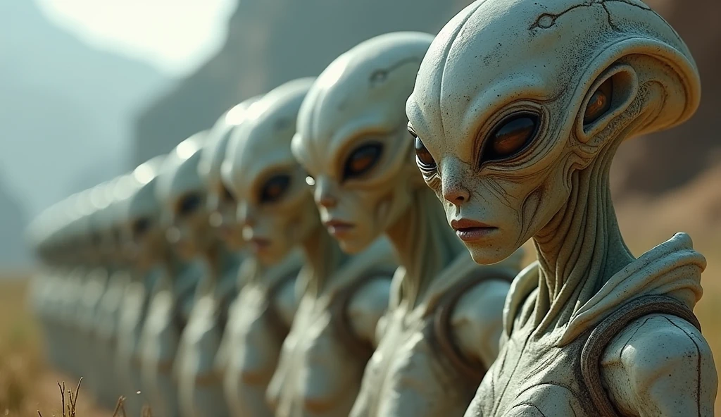depict an artistic representation of a group of aliens with large, glowing eyes and futuristic features, standing in front of a mysterious, glowing UFO