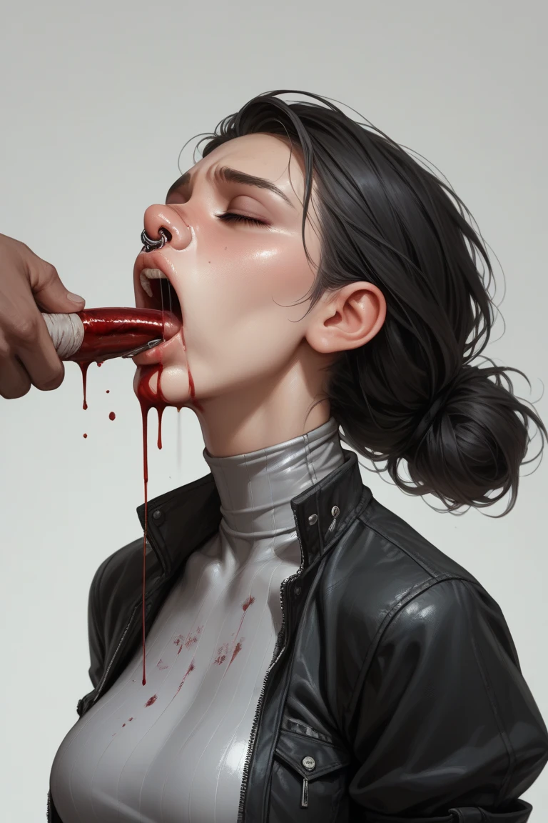 a drawing of a woman with a balaclava covering her eyes, and a tie around her neck, trending on deviantart, given, with her mouth open with her tongue pierced, alternative album cover, dark metal art only, deadly fists, dark illustration , strangled with rope, dark surreal art, silent, anatomically correct, super detail, high details, highres, 4K