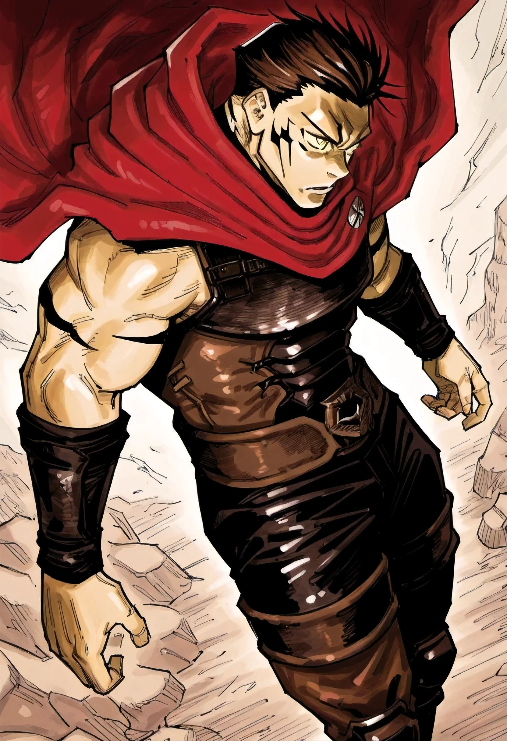 1man, fierce and charismatic, solo, strong jawline, broad-shouldered and muscular, intense golden eyes that burn with determination, wild dark brown hair, battle-scarred leather armor, a crimson cloak billowing behind him, dynamic angle shot, looking away, masterpiece, best quality, masterpiece, best quality, amazing quality, very aesthetic, absurdres, newest, cjjkm style, hatching