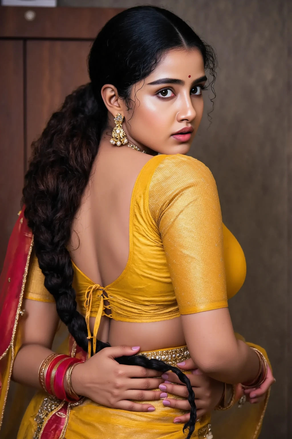 1 Heavenly beautiful and goddess beauty cute and sweet looking face Arabian woman in front of orange color duplex house, Heavenly beautiful Overweight, Heavenly beautiful Extremely fat, Heavenly beautiful and attractive Chubby figure , Heavenly beautiful looking and eye catching luxury style saree and bra, reaching out, Heavenly beautiful Arabian woman, 16k, High resolution, masterpiece, highest quality, fine skin, outside view, Realistic Photograph, close up figure view, Heavenly beautiful smile face