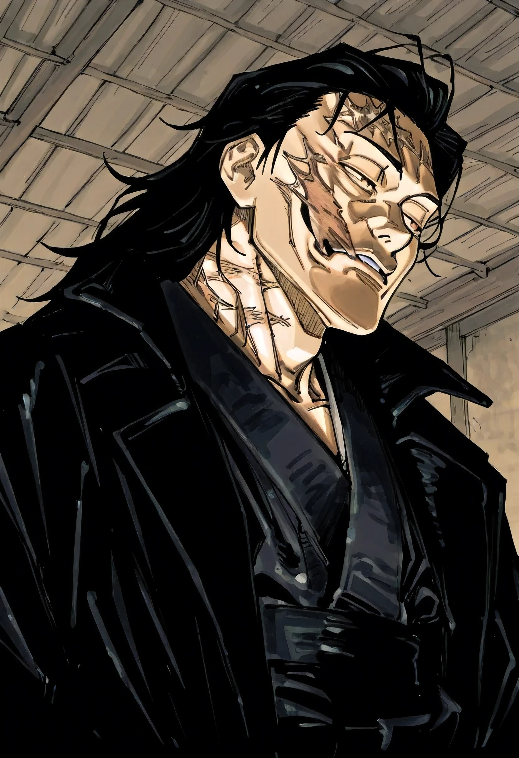1man, mysterious and intense, solo, sharp cheekbones, muscular frame, captivating gold-flecked hazel eyes, wild shoulder-length black hair, dark trench coat, a faint scar on his lip, looking away, dynamic angle shot, black yukata, half closed eyes, masterpiece, best quality, masterpiece, best quality, amazing quality, very aesthetic, absurdres, newest, cjjkm style, hatching