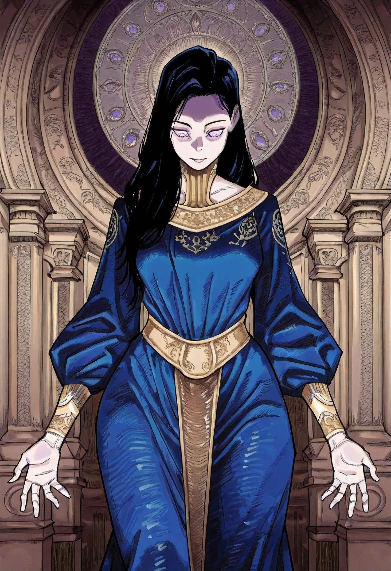 1woman, graceful and commanding, solo, soft but defined features, tall and statuesque, deep purple eyes that glow with mystery, long raven-black hair flowing freely, royal blue gown with gold embroidery, dunamic angle shot, masterpiece, best quality, masterpiece, best quality, amazing quality, very aesthetic, absurdres, newest, cjjkm style, hatching